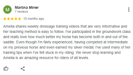 A Google review by Martina Miner, 5 stars, praising Amelia’s informative dressage training videos and teaching method, noting personal improvement, and recommending her as a valuable resource for riders of all levels.