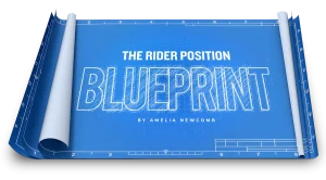 A rolled-up blue cycling blueprint displays the text “THE RIDER POSITION BLUEPRINT by Amelia Newcomb” in white, with grid lines and architectural markings in the background.