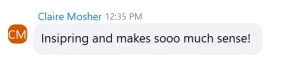 A chat message from Claire Mosher at 12:35 PM says, Inspiring and makes sooo much sense—Free Rider Position Training really motivates me!.