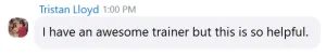 A chat message from Tristan Lloyd at 1:00 PM says, I have an awesome trainer, but this Free Rider Training is so helpful.