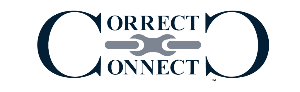 Correct Connect logo featuring the words Correct and Connect. The large Cs are joined by a bicycle chain link in the center, reflecting the spirit of connection found in our free podcast, Confidence Ride-Along Podcast.
