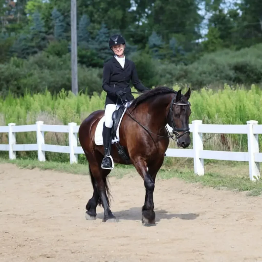A person wearing a black riding jacket, white pants, and a helmet is riding a dark brown horse in a sandy outdoor arena with a white fence and green trees in the background.