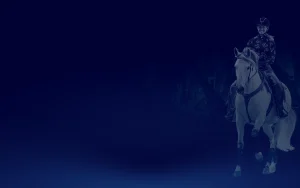 A person wearing a helmet and patterned jacket rides a white horse, showcasing the Canter V1, on the right side of a dark blue gradient background. The left side remains empty, resembling an open page ready for new stories.
