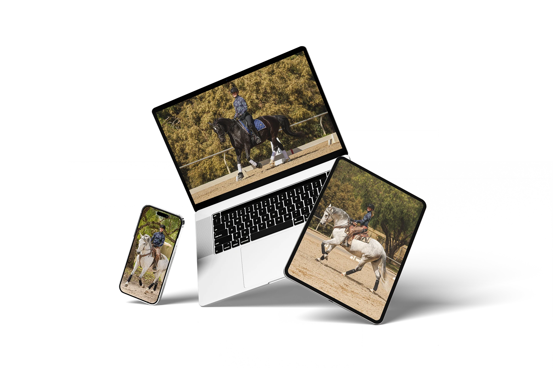 A smartphone, laptop, and tablet display images of people riding horses in outdoor arenas with trees in the background, all powered by Canter V1.