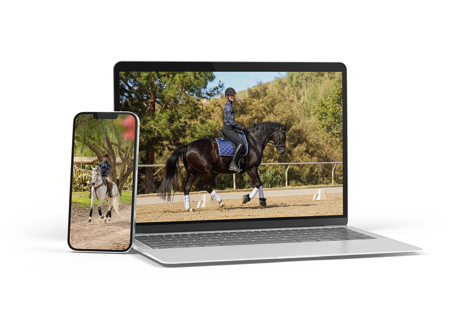 A smartphone and a laptop display images of people riding horses outdoors with Canter V1; the phone shows a rider on a sandy area, while the laptop’s Open Page features a rider on a dark horse in an arena.