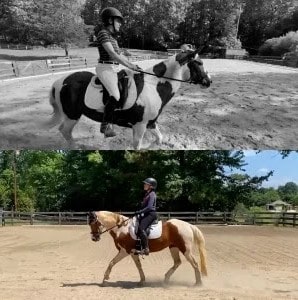 Split image: Top, a person rides a black-and-white horse at canter V1 in a sandy paddock. Bottom, a rider enjoys open page views atop a brown-and-white horse, surrounded by trees and wooden fencing. Both riders wear helmets.