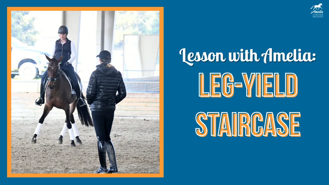 A riding instructor watches a rider on a horse practicing dressage indoors, focusing on a leg-yield exercise. Text on a blue background reads, Lesson with Amelia: Leg-Yield Staircase to improve leg-yields.