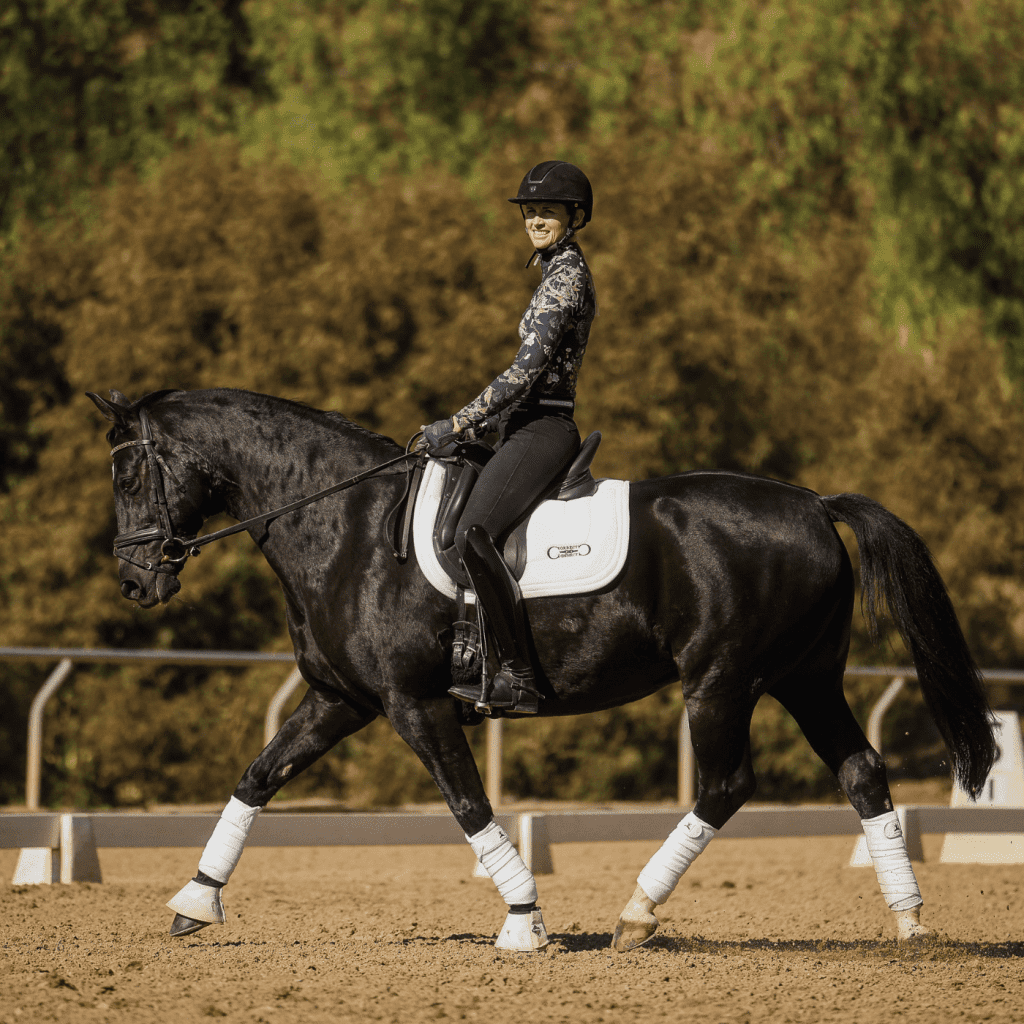 A person wearing a helmet and riding attire is riding a black horse with white leg wraps and a white saddle pad in an outdoor arena, demonstrating the Rider Position Blueprint amid trees and a sandy surface.
