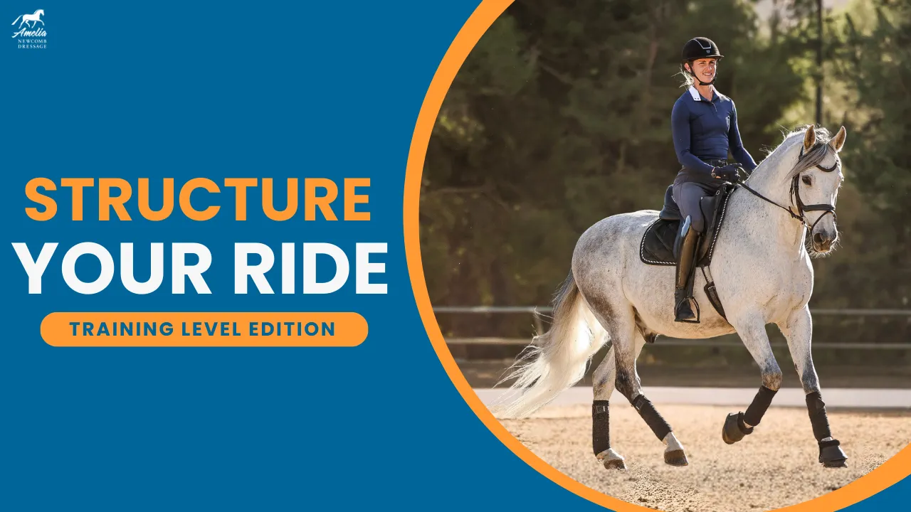 A rider in formal attire rides a grey horse in an outdoor arena. The image has a blue and orange overlay with the text: Structure Your Ride - Training Level Edition, featuring a simple riding plan to structure your rides effectively.