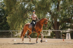 A person wearing a helmet rides a chestnut horse in an outdoor arena, passing by marker E during Open $297. Trees and sunlight illuminate the scene as anticipation builds for Round 2025, just 30 days away.