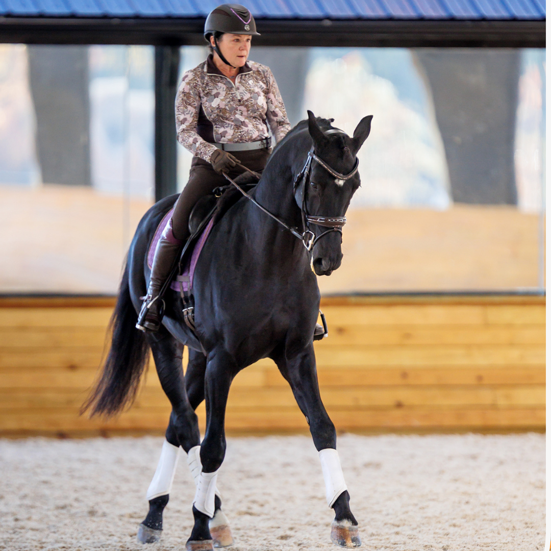 A person wearing a helmet and patterned jacket rides a black horse with white leg wraps inside an indoor arena with wooden walls and large windows.