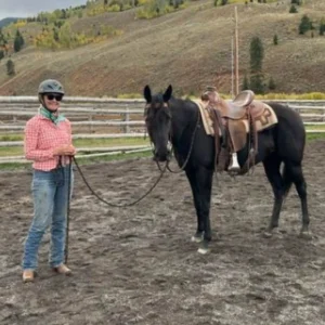 A person in a helmet, sunglasses, and a pink checkered shirt stands holding the reins of a saddled black horse in an outdoor fenced area, ready for the 2025 Open. Hills and trees fill the background as Oli B preps for 30 Days to Round.