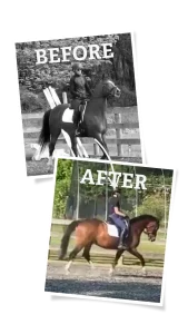 A “before” photo shows a person riding a dark horse in black-and-white; an “after” photo, taken after 30 Days Round with Strides Welcome, shows the same rider on a brown horse in color, both in an outdoor arena with fencing and trees.