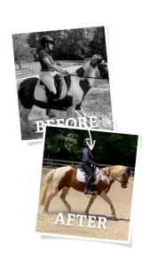 Welcome to new Strides! Two photos show a person riding a horse: the BEFORE image is black and white, while the AFTER image from our 30 Days Round displays improved posture in color, with an arrow highlighting the straighter rider.
