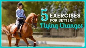 A person riding a chestnut horse in an outdoor arena, wearing a helmet and patterned shirt. Text reads: 5 Riding Exercises for Better Flying Changes. Green trees are blurred in the background, highlighting focused horse training.