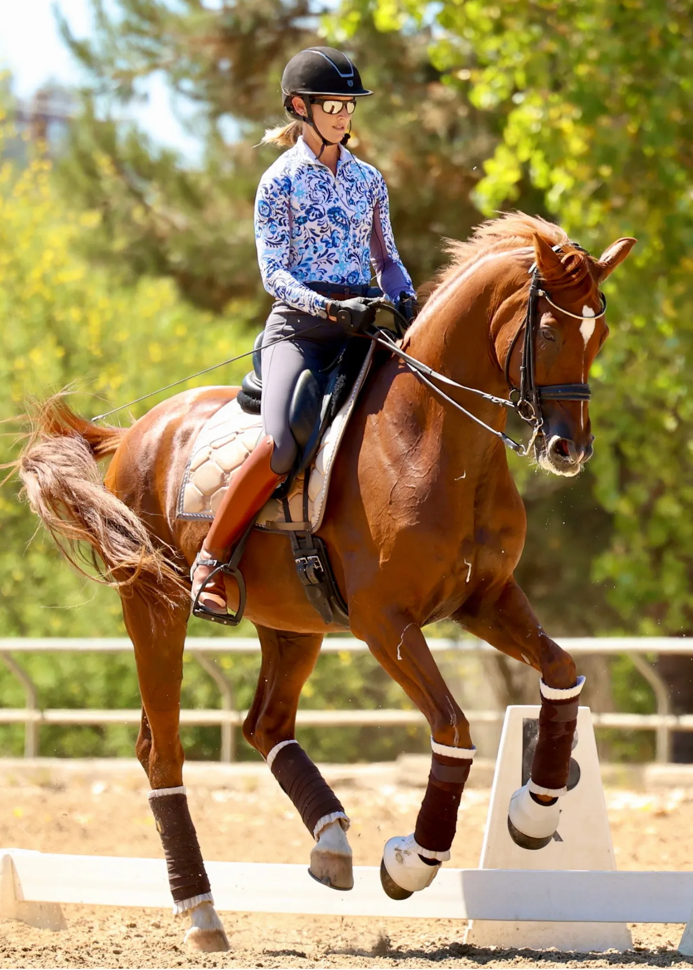 flying change vertical A person wearing a helmet, sunglasses, and a patterned shirt rides a brown horse performing flying changes in an outdoor arena, surrounded by trees and sunlight. The horse appears mid-trot with protective wraps on its legs.