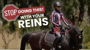 A person in a riding outfit and helmet rides a black horse. Overlaid text reads STOP DOING THIS! WITH YOUR REINS, with a red X on the rider’s hands, offering horse riding tips to steer with your legs instead of just using reins.