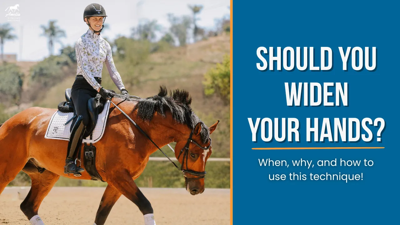 A smiling equestrian rides a brown horse in an outdoor arena. Text beside them reads: Should you widen your hands? When, why, and how to use this technique! The background shows trees and hills—similar to cycling hand position advice.