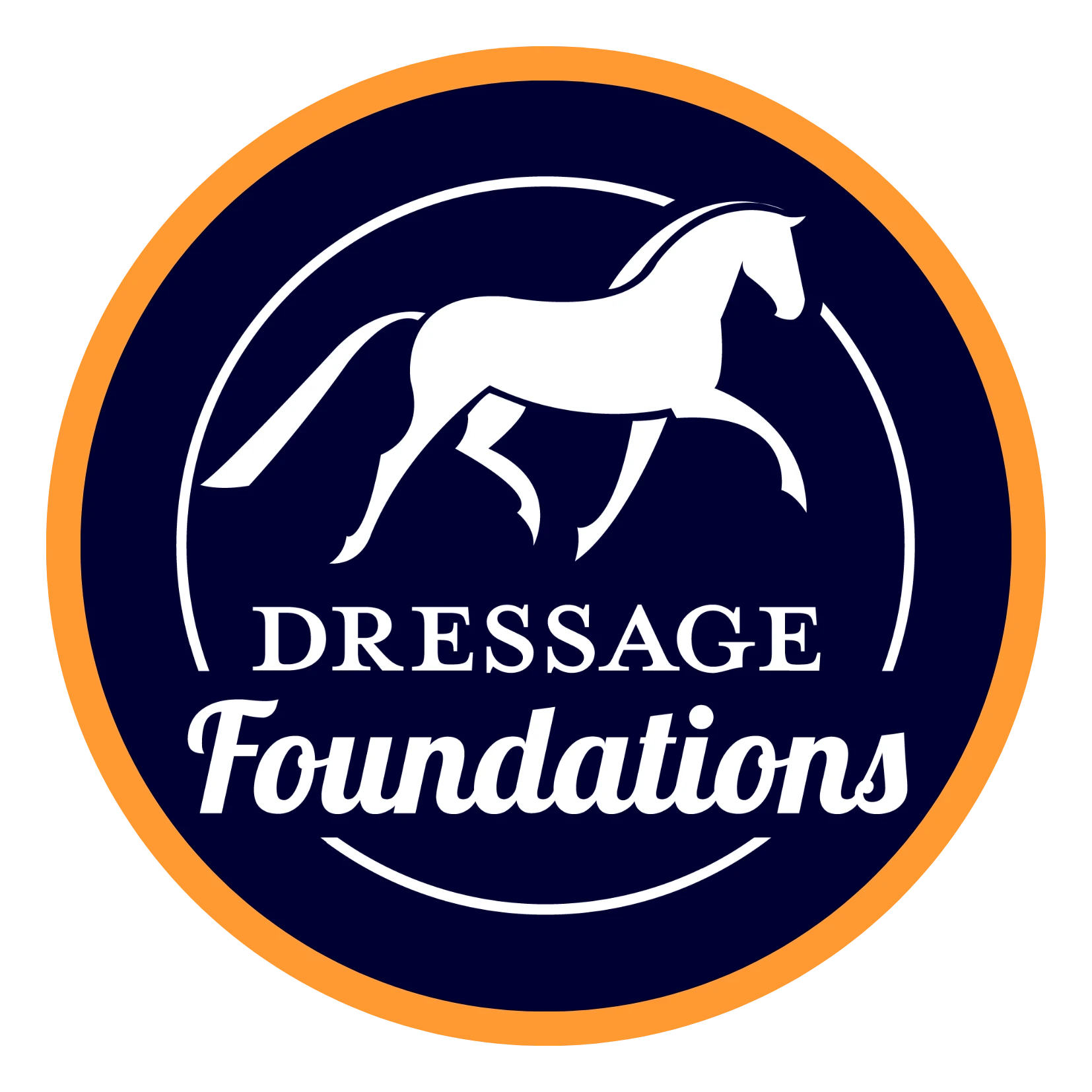 A circular logo with an orange border features a white horse silhouette and the words Dressage Foundations in white text on a dark blue background, perfect for highlighting your dressage sale page.