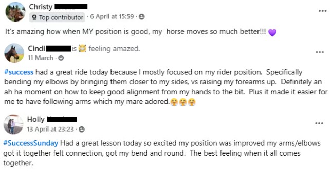 Three Facebook posts discuss horseback riding progress, focusing on rider position. Users mention improved arm/elbow placement, better horse movement, achieving connection, and feeling accomplished. Emojis and hashtags are included.