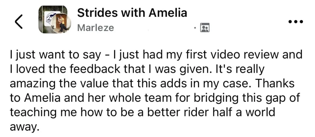 Facebook post by Marleze in the Strides with Amelia group, expressing gratitude for her first video review, positive feedback, and thanking Amelias team for helping her become a better rider from afar.