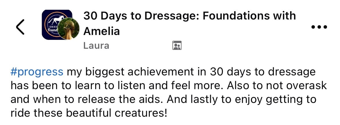 Screenshot of a Facebook post in 30 Days to Dressage: Foundations. A student shares her progress in timing aids and releases.