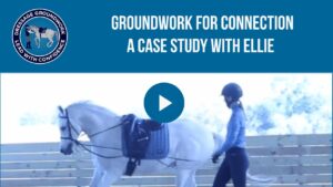 A student in a helmet, dressed in casual attire, leads a grey horse on the lead line along the rail of an arena. Text above reads, “Groundwork for Connection: Ellie’s Transformation – A Case Study with Ellie," with the Dressage Groundwork logo positioned to the left.