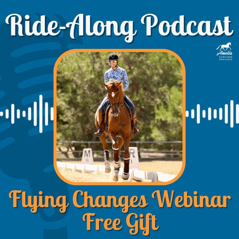 A rider on a bay horse performs a working trot in an outdoor arena, surrounded by trees. Text overlays read: “Ride-Along Podcast, Flying Changes Webinar Free Gift, FC 10/2026 Webinar.” A waveform graphic appears across the image, with the Amelia Newcomb Dressage logo in the corner.