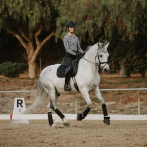 A rider in equestrian gear is astride a grey horse performing a canter in an outdoor dressage arena as part of their structured training routine. Both horse and rider are equipped with appropriate protective gear, including boots and helmet. In the background are trees and a dressage marker labeled R, indicating arena positioning.