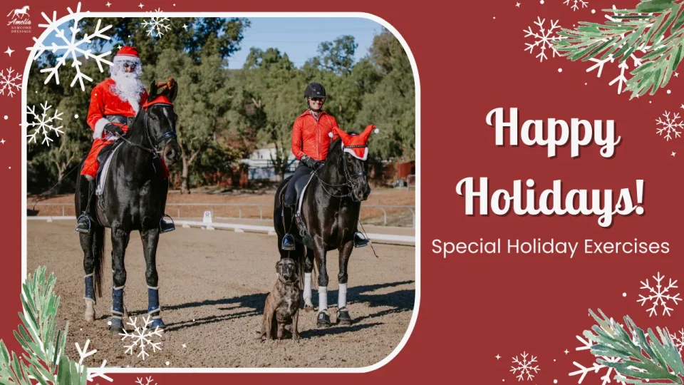 Two people ride black horses in festive attire—one as Santa, the other in red with a Santa hat—while a dog sits between them. The image, perfect for holiday fitness inspiration, features a red border and “Happy Holidays!” text.