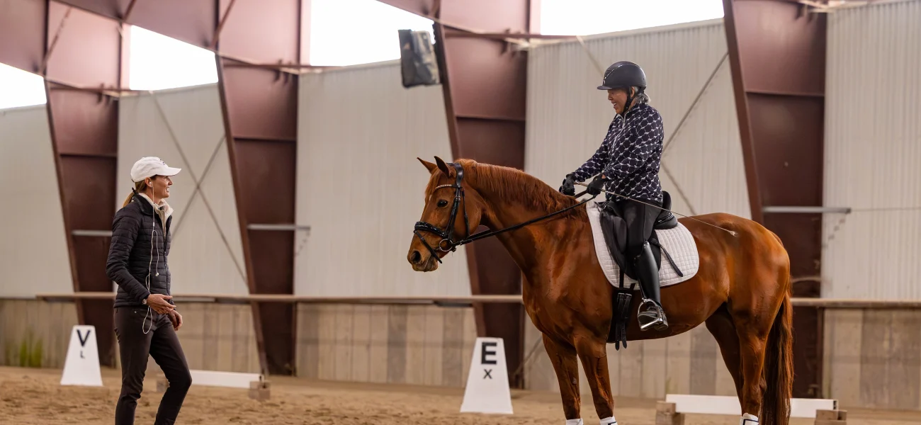 A person on horseback listens to an instructor in an indoor riding arena during a Training Scale Masterclass. The chestnut-colored horse wears white leg wraps, while lettered markers are visible around the arena.