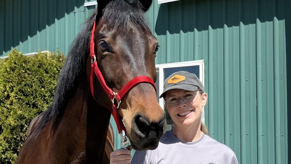 Strides Member Cindi, wearing a gray t-shirt and cap, smiles next to a brown horse in a red halter. They stand outside a green metal building on a sunny day.