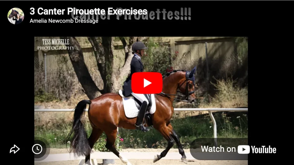 A rider in formal dressage attire practices canter pirouette exercises on a brown horse in an outdoor arena, framed by trees and a fence. A YouTube video player overlay appears on the scene.