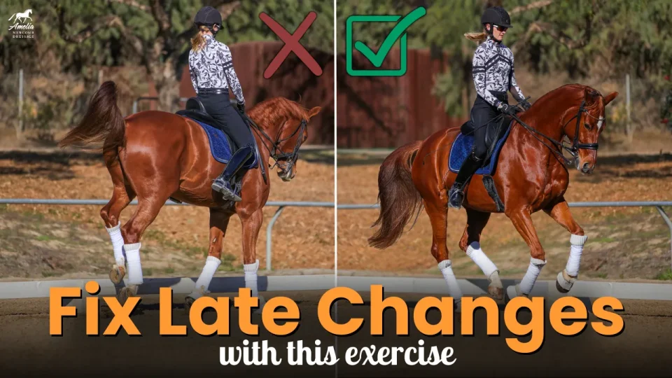 Side-by-side images of a horse and rider showing incorrect (left, with a red X) and correct (right, with a green check) riding posture, with the text Fix Late Flying Changes with this flying changes exercise at the bottom.