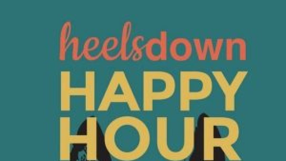 Text on a teal background reads “Heels Down Happy Hour”—also the name of a popular podcast—in coral and yellow, with a black silhouette of a person riding a horse beneath the text, reflecting Kentucky’s equestrian spirit.
