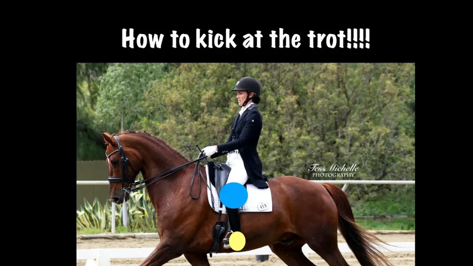 A person in equestrian attire rides a brown horse at a trot in an outdoor arena, with the text How to kick at the trot!!!! above. Blue and yellow circles highlight parts of the rider’s and horse’s legs for effective trot kicking.