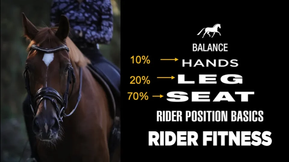 A close-up of a brown horse being ridden next to a graphic showing rider balance: 10% hands, 20% leg, 70% seat. Text below reads Rider Position Basics and Rider Fitness—ride better and fix your position for optimal results.