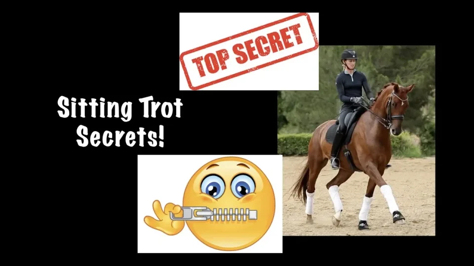A collage with Sitting Trot Secrets! text, a TOP SECRET stamp, a zipper-mouth emoji, and a rider in black gear sitting the trot on a brown horse with white leg wraps.