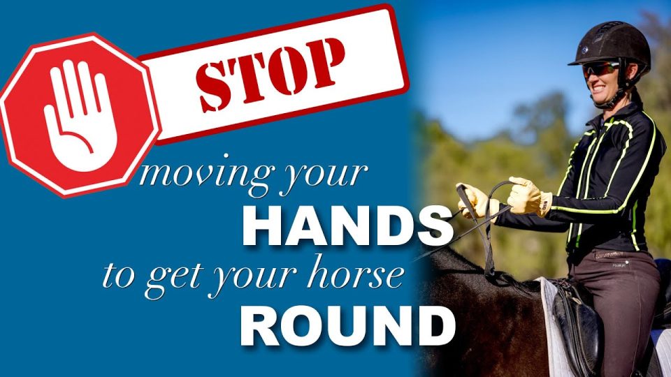 A woman in riding gear holds horse reins and smiles. A red stop sign graphic with STOP and the text stop moving hands to get your horse ROUND is displayed on a blue background beside her, highlighting control hand movement techniques.