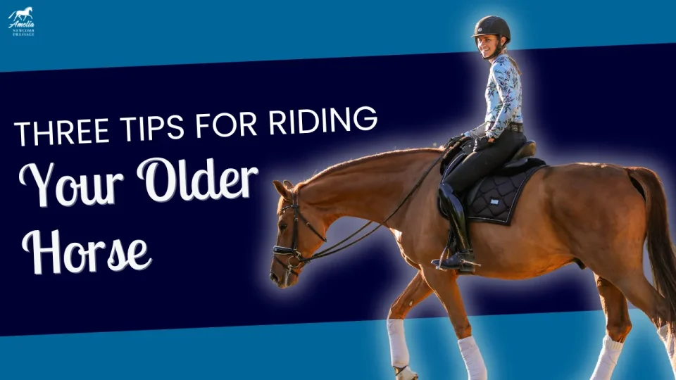 A smiling person in a helmet rides a chestnut horse against a blue background with the text: Three tips for riding your older horse, including gentle dressage exercises.