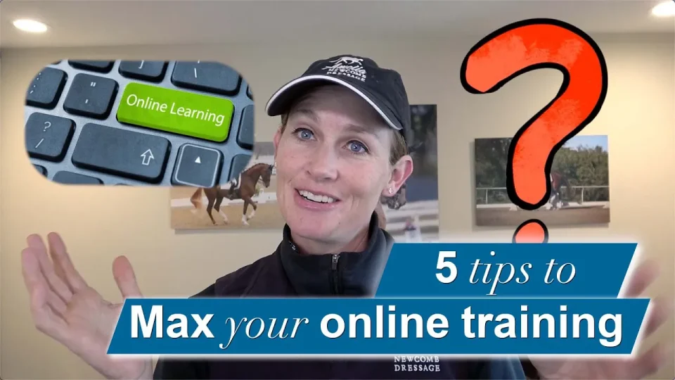 A woman in a hat and jacket gestures with raised hands. A keyboard key labeled Ride Online Learning and a large red question mark appear beside her. Text reads: 5 tips to Max your online training.