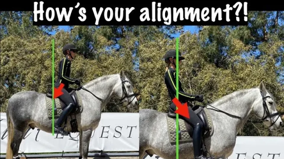 A side-by-side comparison of a rider on a gray horse, showing posture with green lines and red arrows highlighting alignment and stability differences, under the text How’s your alignment?!. Trees are in the background.