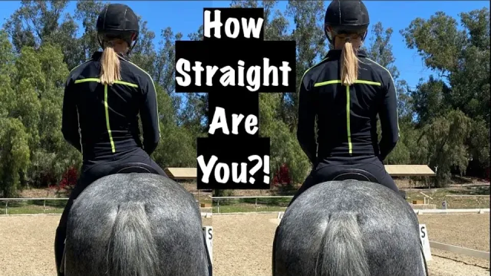 Two people in black riding outfits and helmets sit on gray horses, viewed from behind, with the text How Straight Are You?! in the center—highlighting rider position and symmetry against a backdrop of trees and a riding arena.