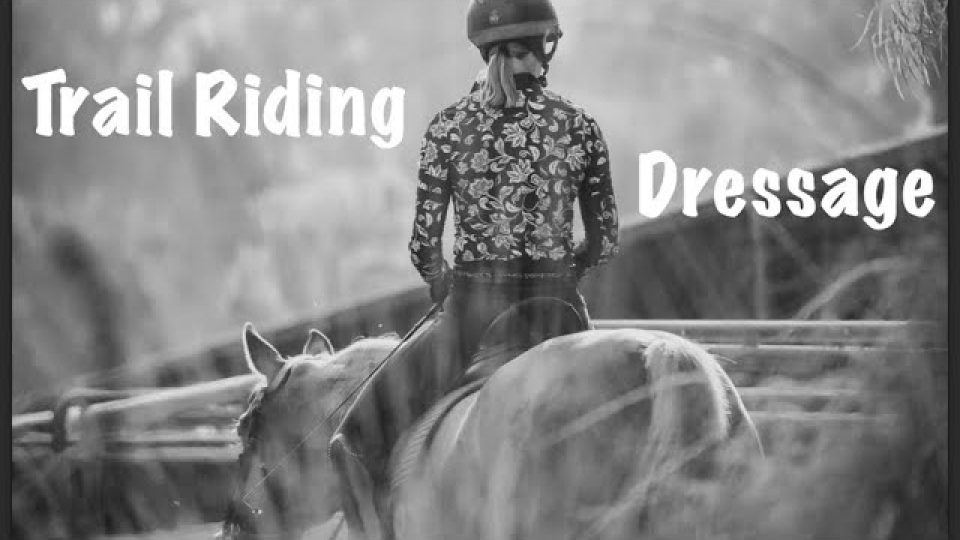 A person wearing a helmet and patterned shirt rides a horse, viewed from behind. The black-and-white image features the words Trail Riding on the left and Dressage Training on the right.