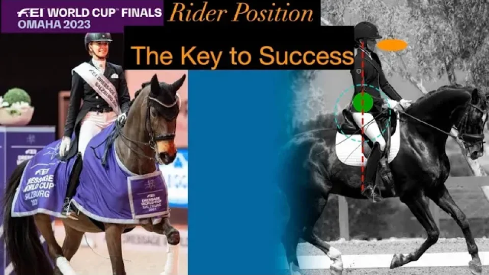 A rider on a horse participates in the FEI World Cup 2023 Finals Omaha. A title reads Improve Rider Position: The Key to Success, with an annotated diagram of correct rider alignment on the right.
