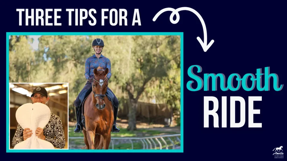 A smiling equestrian rides a chestnut horse outdoors, demonstrating balance. Inset shows a person holding a white fan covering their face. Text reads: Three Tips for a Better Ride with an arrow pointing to the words Smooth Ride.