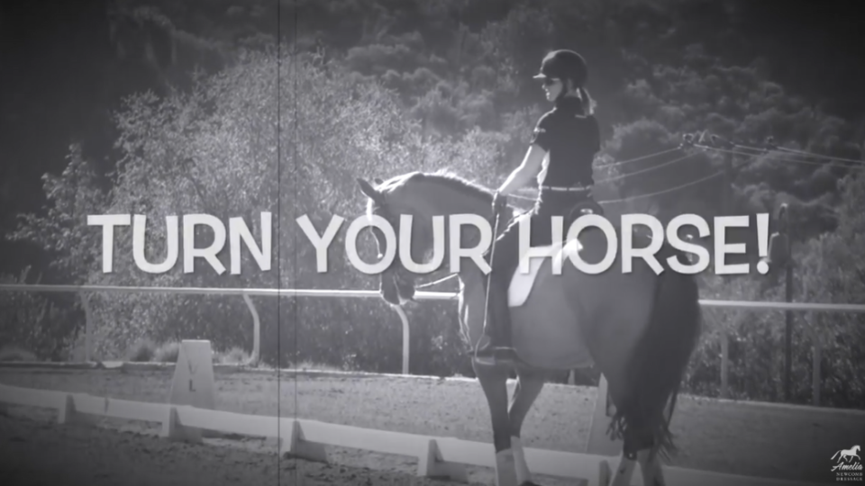 A person wearing a helmet rides a Dressage horse in an outdoor arena, with the large text TURN YOUR HORSE! overlaid on the black-and-white image. Trees and hills are visible in the background, highlighting dressage training and how to turn.